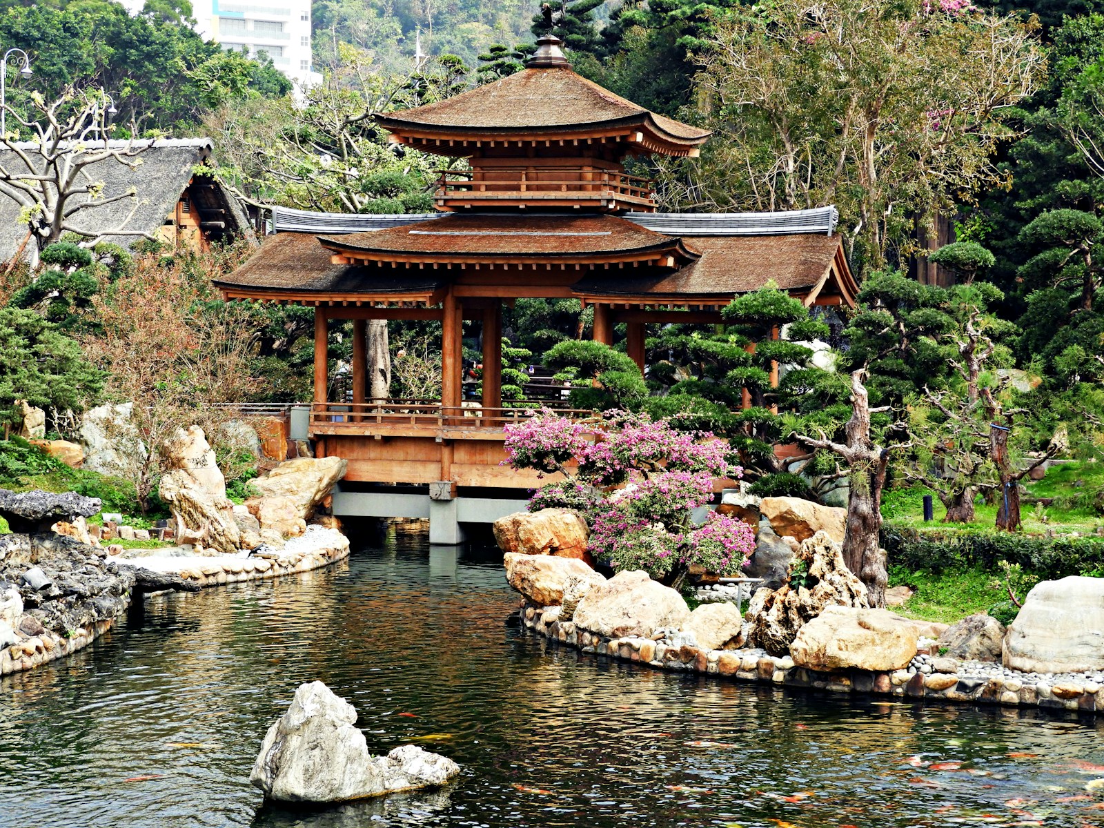 brown wooden temple near pond